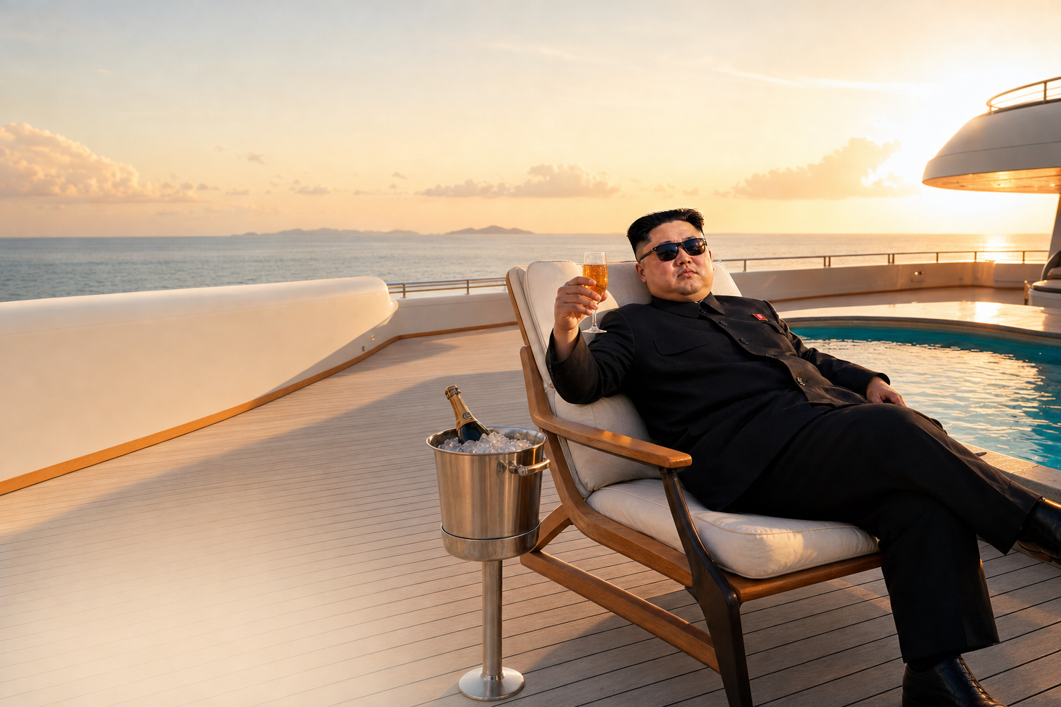 Kim Yacht reclining in a deck chair on a yacht at sunset, champagne glass raised, an ice bucket beside him